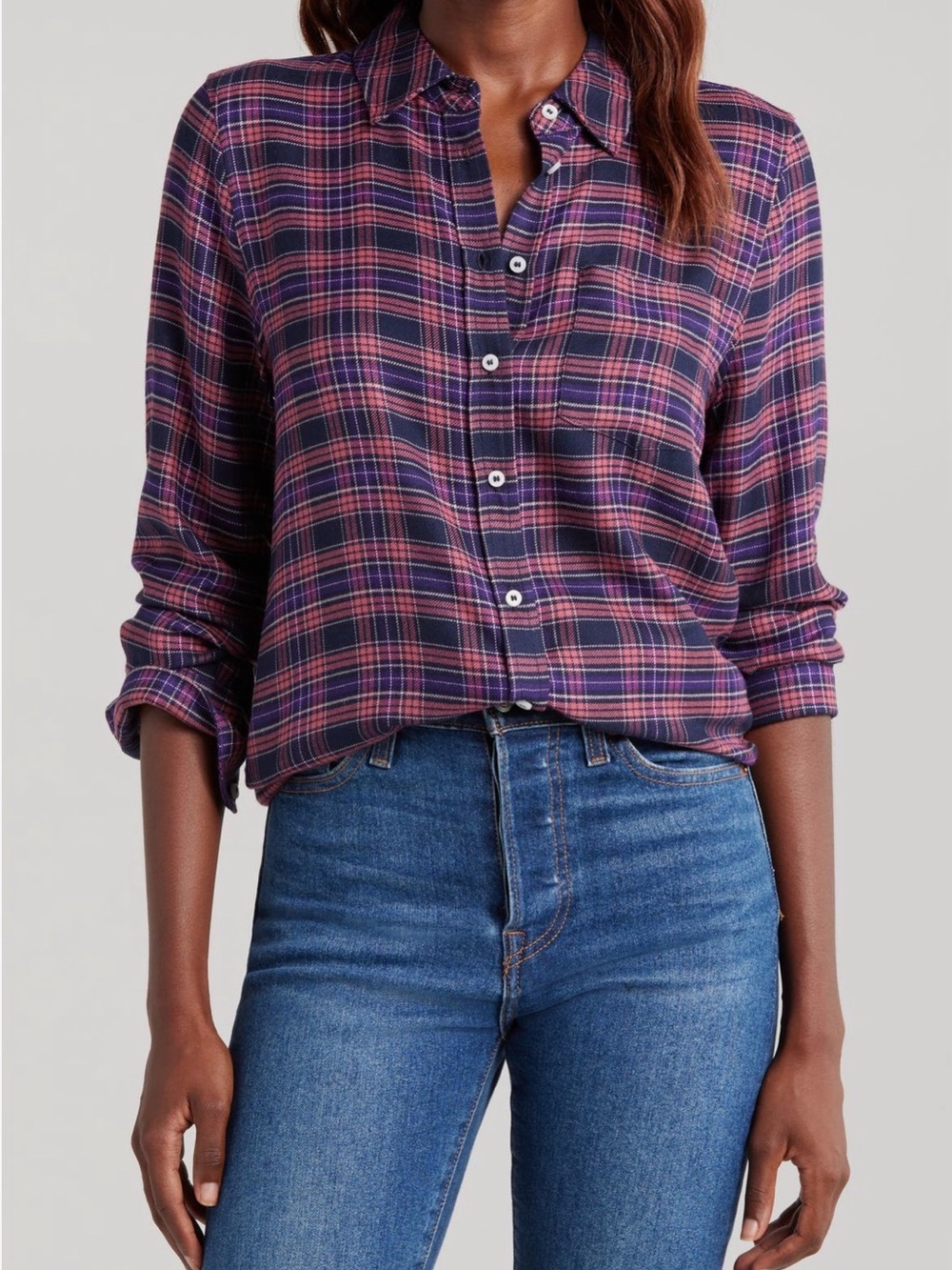 Caslon Blue Plaid Long Sleeve Button Down Shirt 100% Rayon Medium NWT